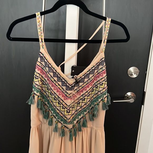 NWT Greylin cream boho maxi dress with pompoms, beading & embroidery - medium - Picture 2 of 4